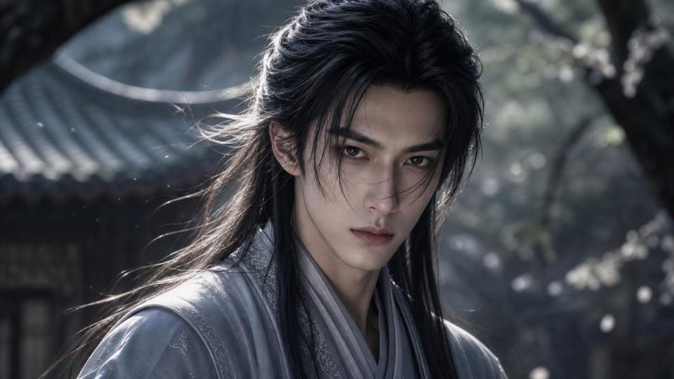 古风服饰、长发与雨中光影构成的男性角色视觉